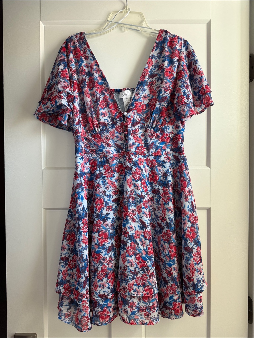 Japna Blue & Red Floral V-Neck Mini Dress